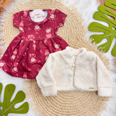 Conj. Bolerinho de Pelinho e Vestido Ursinhas - Off White e Bordo